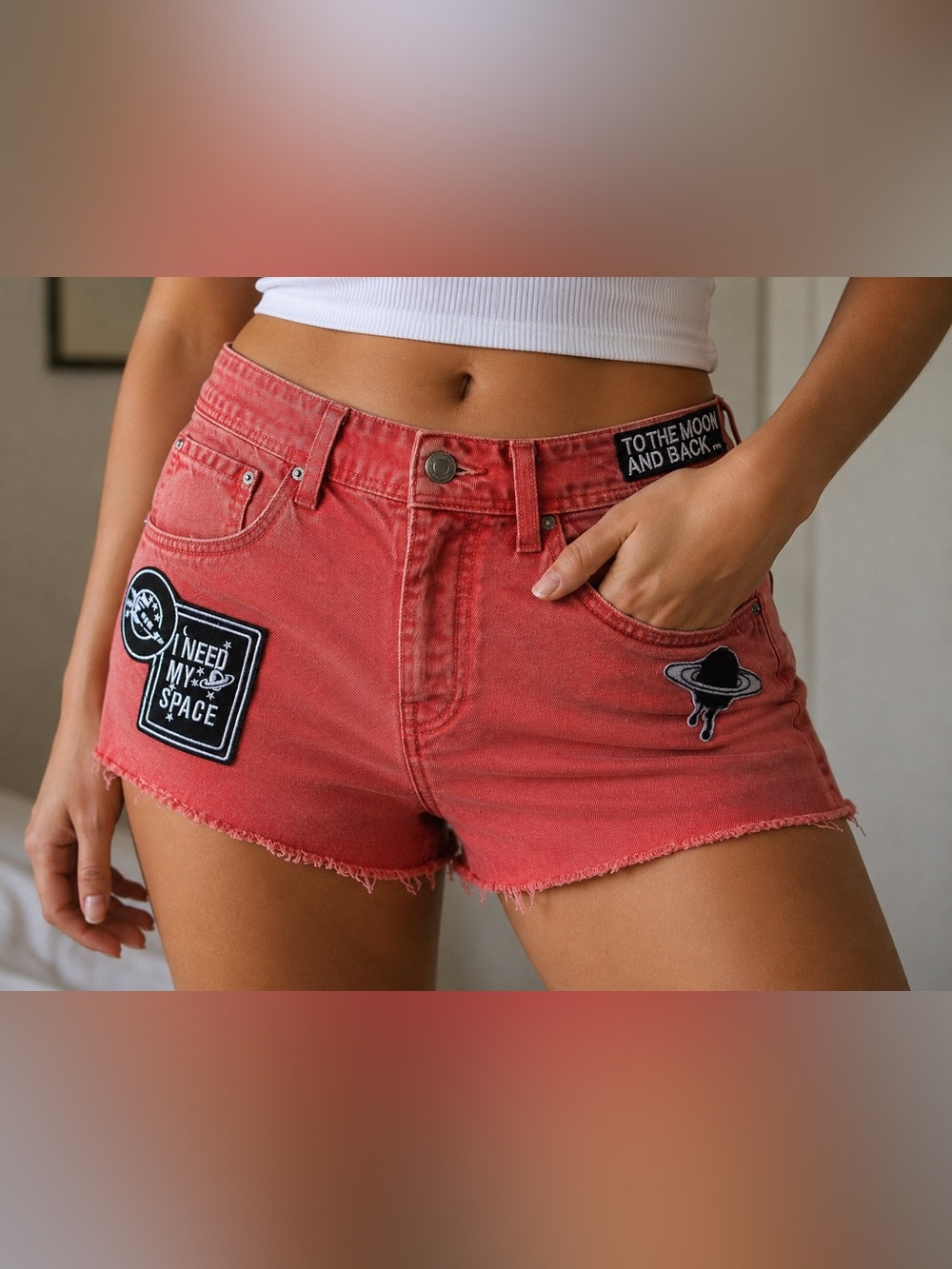 Zara Coral Red Patchwork Denim Shorts